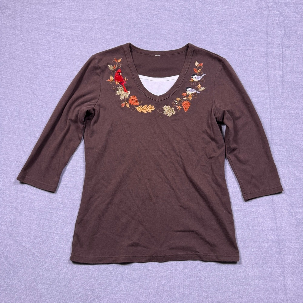 Women's Brown 3/4 Sleeve Cardinal Bird Leaf Embroidered Layered‎ Look V-Neck Top